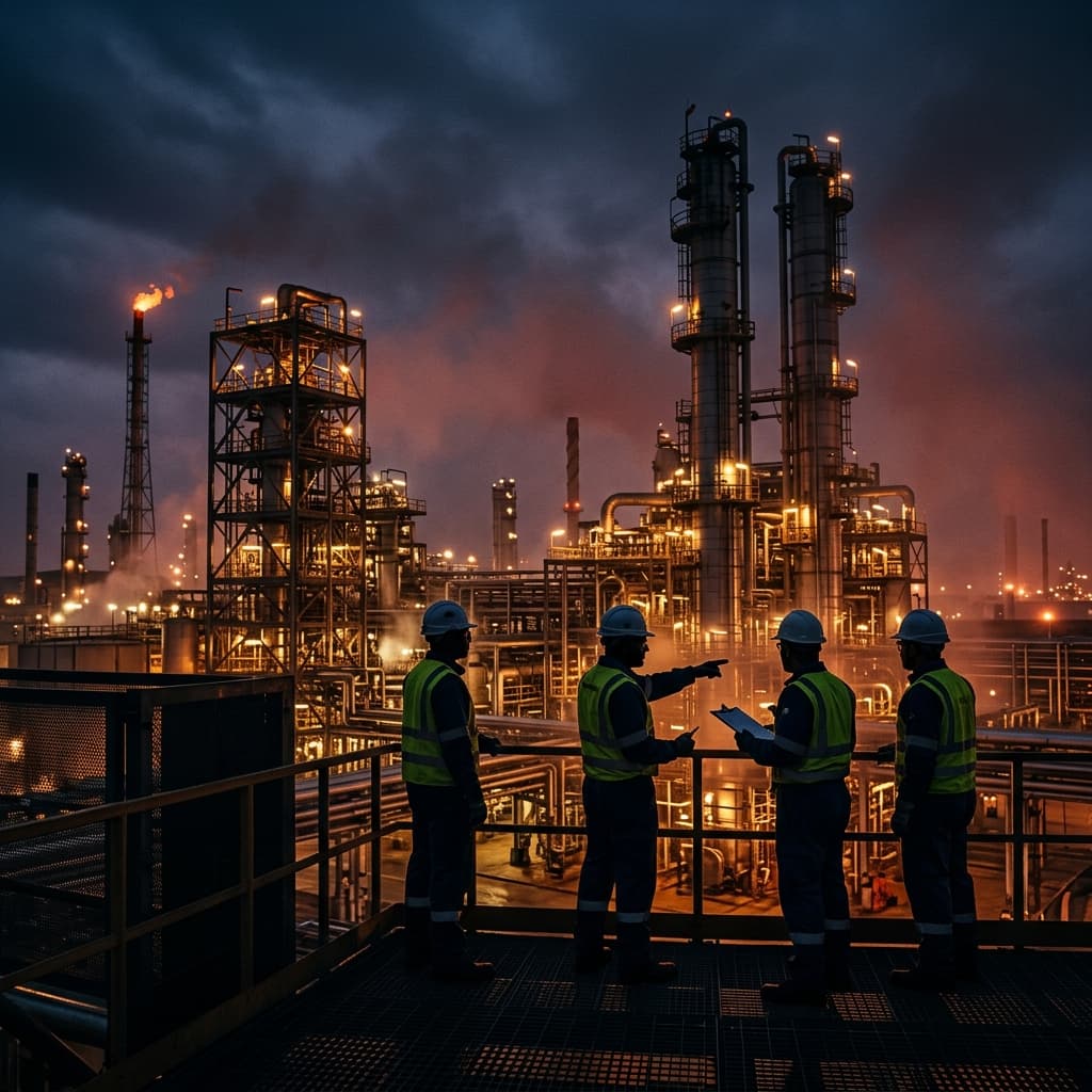 Instalación industrial con trabajadores en equipo de seguridad